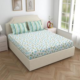Salona Bichona Green & White Floral Pure Cotton 120 TC King Bedsheet with 2 Pillow Covers-image-43