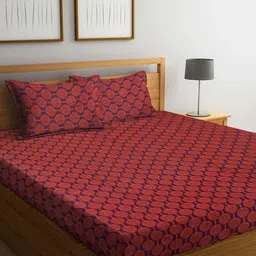 Arrabi Rust Orange & Black Floral 300 TC Cotton King Bedsheet With 2 Pillow Covers-0