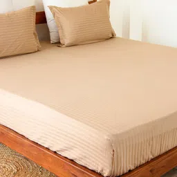 HOMEMONDE Taupe Striped 300 TC Fitted Cotton King Bedsheet With 2 Pillow Covers-image-59