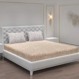 Moca By Monte Carlo Beige & White Floral 104 TC Queen Bedsheet with 2 Pillow Covers-image-91