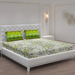 Moca By Monte Carlo White & Green Floral 144 TC Queen Bedsheet with 2 Pillow Covers-image-47