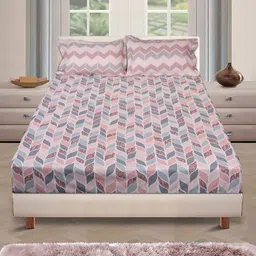 ROMEE Peach-Coloured & Grey Geometric 144 TC Cotton Queen Bedsheet With 2 Pillow Covers-5