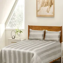 Saral Home Beige & White Striped Cotton 210 TC Queen Bedsheet with 2 Pillow Covers-image-13