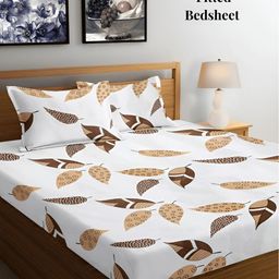 Arrabi Cream & Brown Floral 300 TC Fitted King Bedsheet with 2 Pillow Covers-image-101