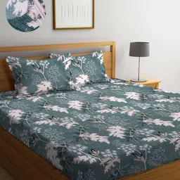 Arrabi Green & Pink Leaf Printed 300 TC King Size Fitted Bedsheet with 2 Pillow Covers-picture-26