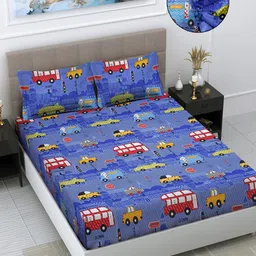 FABINALIV Blue & Red Printed 300 TC Fitted King Bedsheet with 2 Pillow Covers-image-90