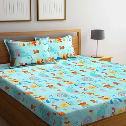 FABINALIV Blue & Red Cartoon Characters 300 TC Fitted King Bedsheet With 2 Pillow Covers-18