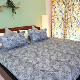 TARA- Sparkling Homes Grey & Blue Floral Cotton 250 TC King Bedsheet With 2 Pillow Covers-picture-42