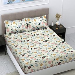 FABINALIV Cream-Coloured & Pink Floral 300 TC Fitted King Bedsheet with 2 Pillow Covers-image-47