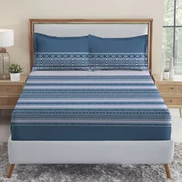 MYTRIDENT Blue Ethnic Motifs 210 TC Cotton Fitted King Bedsheet with 2 Pillow Covers-picture-57