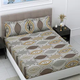 FABINALIV Brown & Mustard Ethnic Motifs 300 TC King Bedsheet With 2 Pillow Covers-77