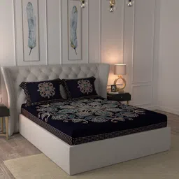 JAIPUR FABRIC Blue & Beige Ethnic Motifs 300 TC King Bedsheet with 2 Pillow Covers-image-8