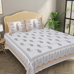 LIVING ROOTS White Ethnic Motifs Pure Cotton 300 TC Flat King Bedsheet & 2 Pillow Covers-image-49