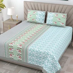 JAIPUR FABRIC Blue & Green Ethnic Motifs 300 TC King Bedsheet with 2 Pillow Covers-image-49