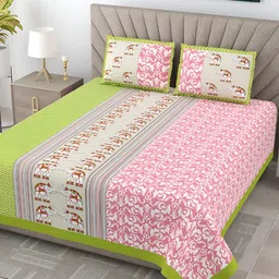JAIPUR FABRIC Pink & Green Ethnic Motifs 300 TC King Bedsheet with 2 Pillow Covers-35