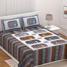 LIVING ROOTS White & Brown Ethnic Pure Cotton 300 TC King Bedsheet & 2 Pillow Covers-33