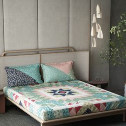 DDecor Green & Pink Ethnic Motifs Cotton 140 TC King Bedsheet with 2 Pillow Covers-picture-2