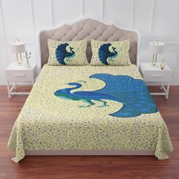 The Craft Monk Blue & Beige Printed Cotton 240 TC  King Bedsheet With 2 Pillow Covers-image-38