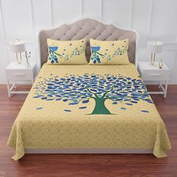 The Craft Monk Blue & Beige Printed Cotton 240 TC  King Bedsheet With 2 Pillow Covers-image-45