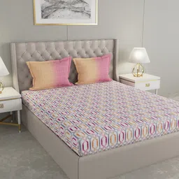 GM Grey & Purple Geometric 144 TC Cotton Super Queen Bedsheet with 2 Pillow Covers-image-74