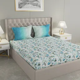 GM Blue & Off-White Floral 144 TC Cotton 1 Super Queen Bedsheet with 2 Pillow Covers-image-47