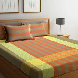 Arrabi Orange & Yellow Striped 300 TC King Cotton Bedsheet with 2 Pillow Covers-image-90