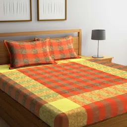 Arrabi Orange & Yellow Geometric 300 TC King Cotton Bedsheet with 2 Pillow Covers-11