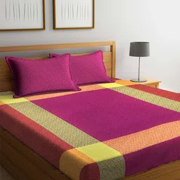 Arrabi Pink & Green Floral 300 TC King Cotton Bedsheet with 2 Pillow Covers-image-20