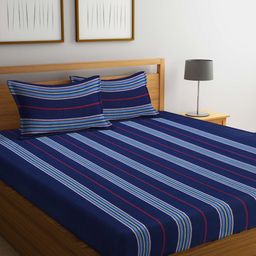 Arrabi Navy Blue & Blue Striped 300 TC Double Size 130 GSM Cotton Bedsheet with 2 Pillow Covers-18