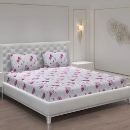 Moca By Monte Carlo White & Pink Floral 104 TC 2 Queen Bedsheet with 4 Pillow Covers-image-91