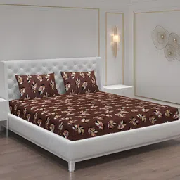 Moca By Monte Carlo Brown & Pink Floral 120 TC 2 Queen Bedsheet with 4 Pillow Covers-image-95
