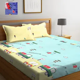 Arrabi Pack Of 2 Turquoise Blue & Yellow 300 TC 2 King Bedsheet with 4 Pillow Covers-79