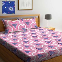 Arrabi Blue & Pink Pack of 2 Ethnic Motifs 300 TC King Bedsheet with 4 Pillow Covers-2