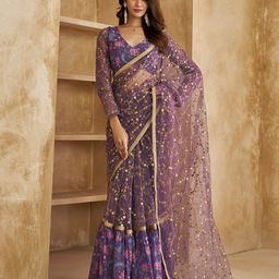 Inddus Floral Sequines Embroidered Ruffled Saree-50