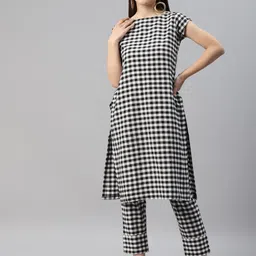 MBE Women Black and White Checked Kurta with Trousers-picture-45