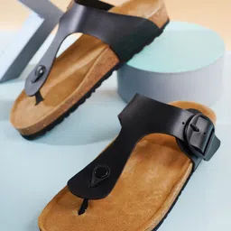 ELLE Women Leather T-Strap Flats With Buckle Detail-image-9