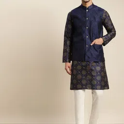 SOJANYA Men Navy Blue Ethnic Motifs Printed Kurta & Churidar Comes with a Nehru Jacket-image-46