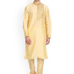 Enciger Men Gold-Toned Embroidered Thread Work Dupion Silk Kurta with Churidar-image-29