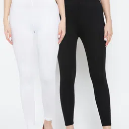 Clora Creation Women Set of 2 Black & Off-White Solid Ankle Length Cotton Leggings-image-96