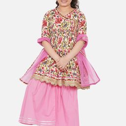 Little Bansi Girls Off-White & Pink Ethnic Motifs Angrakha Kurta with Sharara & Dupatta-image-34