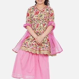 Little Bansi Girls Pink Floral Printed Angrakha Kurta Sharara Set With Dupatta-image-51