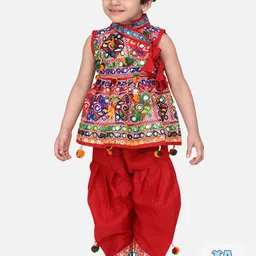 BownBee Boys Ethnic Motifs Embroidered Mirror Work Kurta with Dhoti Pants & Cap-picture-26