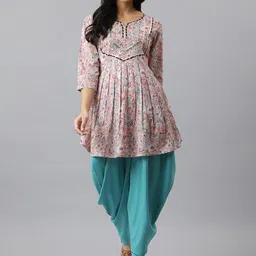 Stylum Women Pink & Turquoise Blue Floral Printed Pure Cotton Kurta with Dhoti Pants-image-68