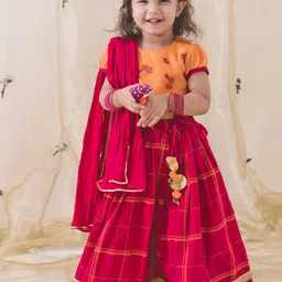 Tiber Taber Girls Embroidered Cotton Ready To Wear Lehenga & Blouse With Dupatta-picture-31