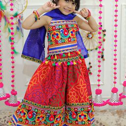 BownBee Girls Embroidered Thread Work Cotton Ready to Wear Lehenga & Blouse With Dupatta-image-4