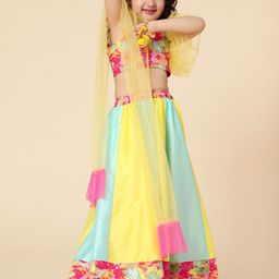 A T U N Girls Blue & Yellow Printed Ready to Wear Lehenga & Blouse With Dupatta-image-16
