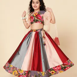 A T U N Girls Grey & Maroon Printed Ready to Wear Lehenga & Blouse With Dupatta-picture-9