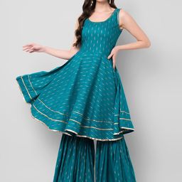 KALINI Women Teal Blue & Golden Printed Kurti with Sharara-image-29