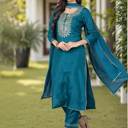 KALINI Ethnic Motifs Yoke Design Sequinned Kurta & Trousers With Dupatta-11