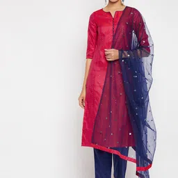 PANIT Women Magenta & Blue Embellished & Striped Kurta with Trousers & Dupatta-image-43